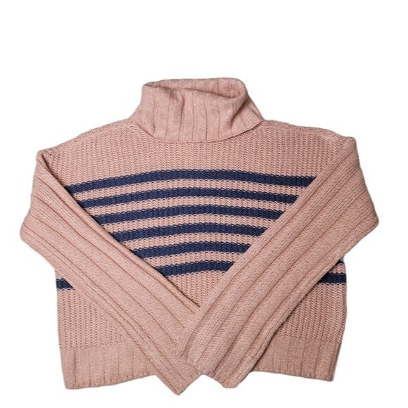 Oversized Turtleneck Knit Sweater Pink with Blue Stripe/Juniors Size XS - Picture 3 of 7